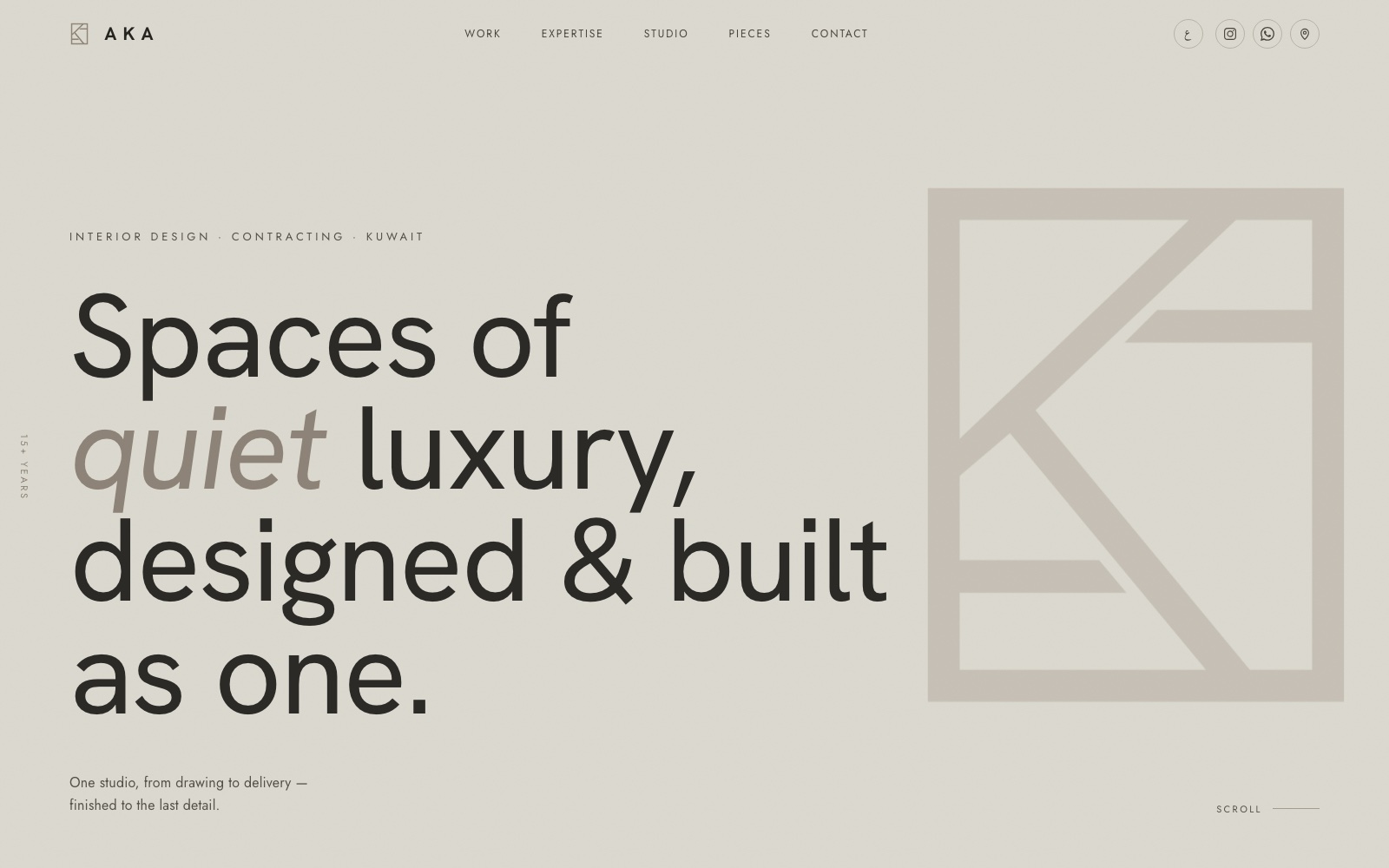 The AKA homepage on a desktop screen: 'Spaces of quiet luxury' beside the studio's monogram, on warm sage.