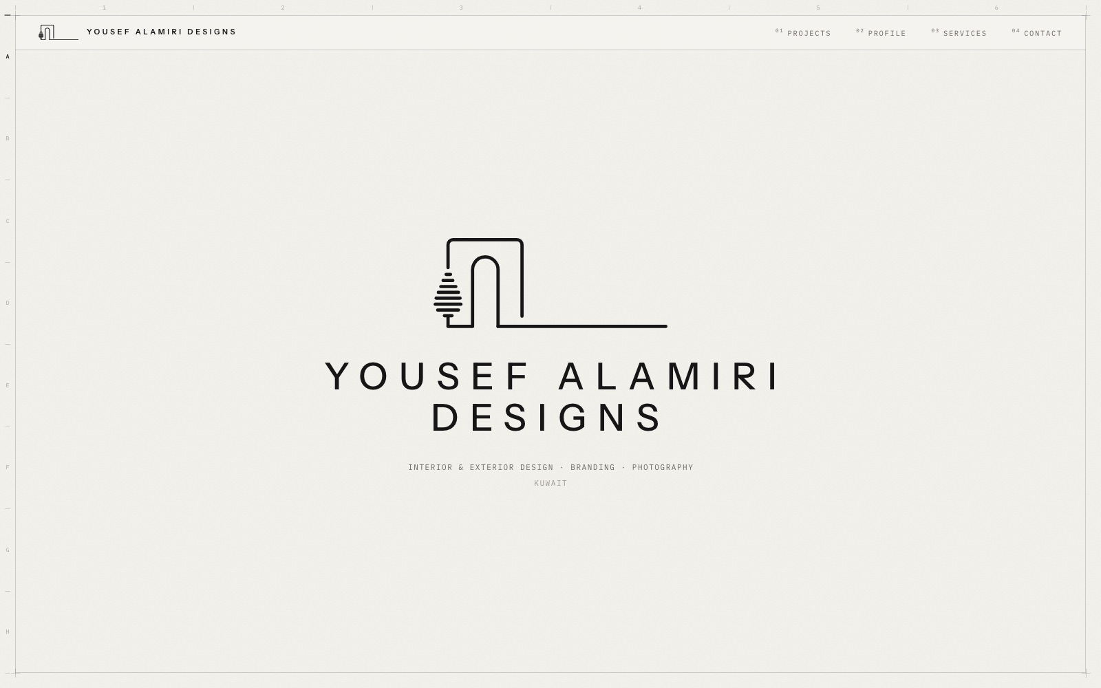 The Yousef Alamiri Designs homepage on a desktop screen: line-drawn monogram above the wordmark, on pale stone.